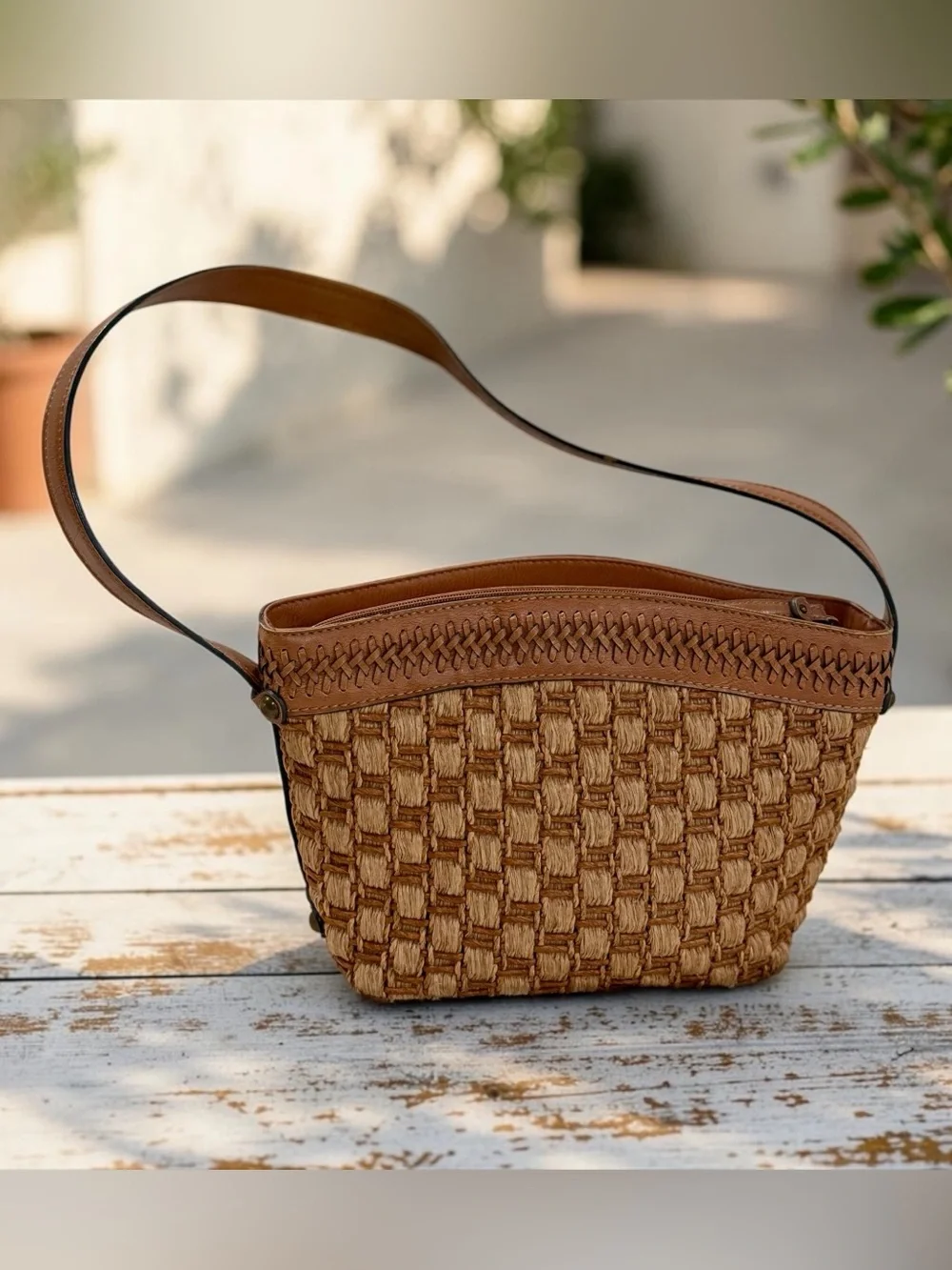 Vintage Fossil Woven Raffia & Leather Shoulder Bag - Brown